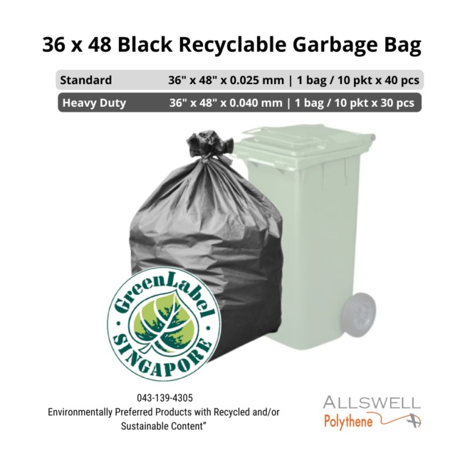 36 x 48 Black Garbage Bag recyclable - Green Label Singapore Certified 36 x 48 Black Garbage Bag recyclable - Green Label Singapore Certified